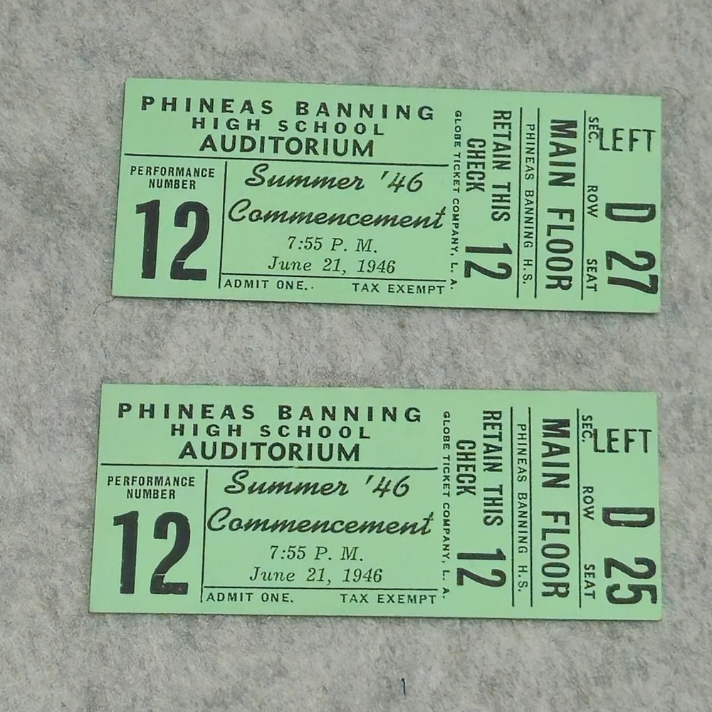 Vintage 1946 Phineas Banning High School Commencement Tickets Wilmington CA
